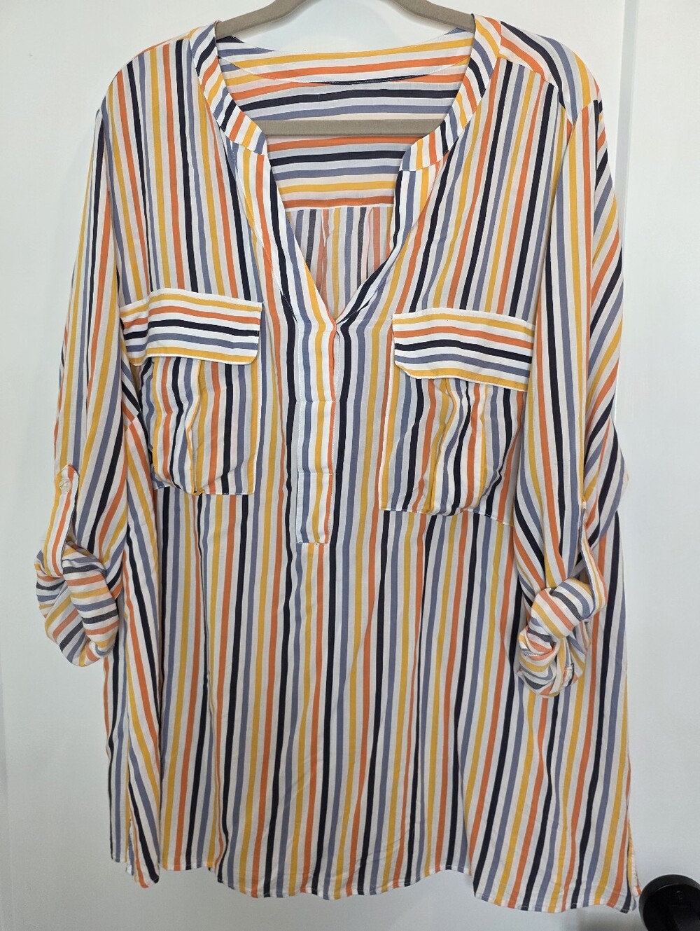 Striped Oversized V-Neck Roll-Sleeve Blouse SZ XL